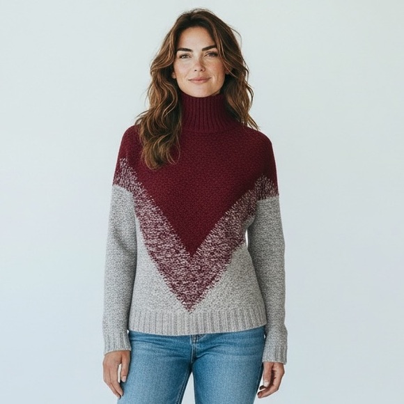 Bloomingdales Pullover Sweater Wool Knit Gray/Burgundy High Neck Size XS - Picture 2 of 13
